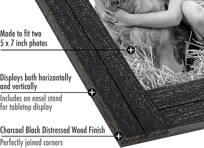 Americanflat Hinged 5x7 Double Picture Frame with 2 Photo Openings and Polished Glass - Distressed Wood Collage Picture Frames for Tabletop and Wall Display - Hampton Collection - Charcoal Black
