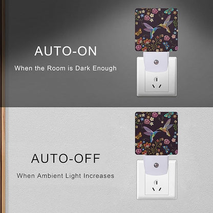 Smoaffly Vintage Hummingbird Butterfly Flowers Night Light Plug-in LED Nightlights Auto Sensor Night Lamp Dusk-to-Dawn Lamp Home Decor for Nursery Children Girls Boys