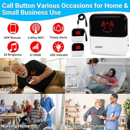 Frexiol WiFi Caregiver Pager Medical Alert Systems for Seniors No Monthly Fee App Control Alert Button for Seniors at Home,2 Call Button and 1 Receiver,for Elderly,Patients,Disabled