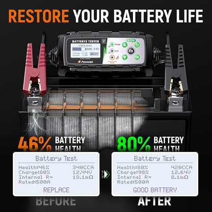 FOXWELL BC521 5A 12V Battery Charger & Tester, 4-in-1 Battery Maintainer, Trickle Charger & Starting/Charging System Tester, Smart 8-Stage Charging, Pulse Repair, Unattended Mode for Car/RV/Motorcycle