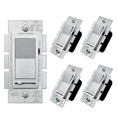BESTTEN 5 Pack Matte Silver Dimmer Light Switch, Single Pole or 3-Way, Compatible with Dimmable LED, CFL, Incandescent and Halogen Bulb, LED Slide Dimmer Wall Switch, 120VAC, UL/cUL Listed