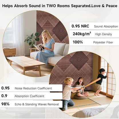 Autorific Acoustic Wall Panels,6 Pack Total Size 72 x 48 Inches,Self-Adhesive Decorative Acoustic Panels for Wall and ceiling,3D UV Printing with Wood Look,Red Sandalwood