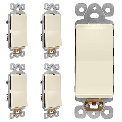 LIDER Minimalist Design Matte Finish Lighted Decorator Switch, Frameless Paddle Toggle Switch with Locator Light, Grounding Screw, 3-Way or Single Pole, 15A 120V, UL Listed, Light Almond, 5 Pack