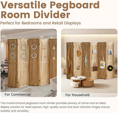 Aleesing 6 Panel Pegboard Display with 24 Hooks, Pegboard Room Divider and Folding Privacy Screens, Partition Room dividers, Wooden Room Divider Wall, Jewelry Store, Bedroom, Balcony, Light Brown