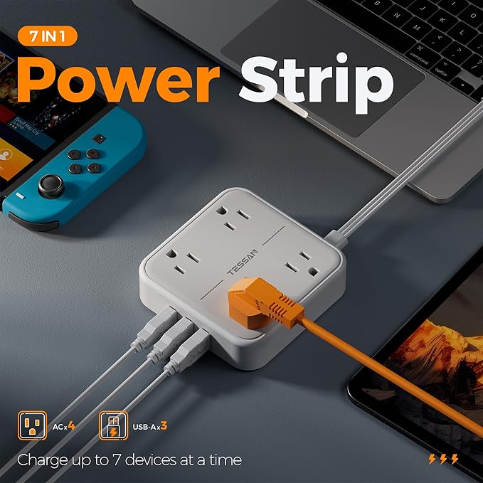 Flat Plug Surge Protector Power Strip, TESSAN 5 ft Extension Cord with 4 Outlets and 3 USB Ports, Indoor Desk Charging Station, 900J Surge Protector for Travel, Office, School, Dorm Room Essentials