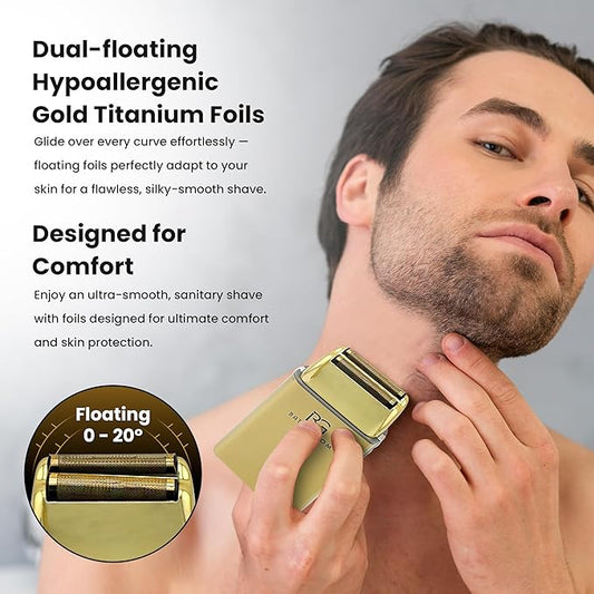 Electric Razor for Men Face with Double Titanium Foils, Professional Barber-Style shavers for Men, USB Rechargeable, Includes Cleaning Brush, Protective Cap & Pouch (Gold)