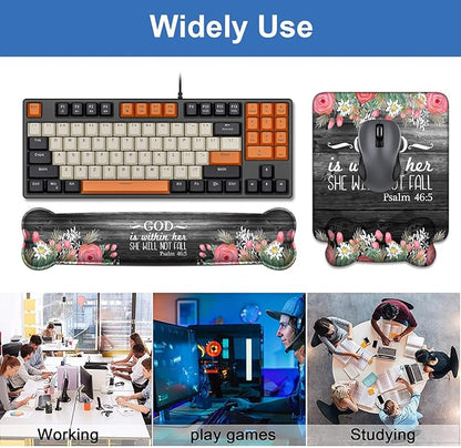 Wrist Rest Support Ergonomic Gel Mouse Pad & Memory Foam Keyboard Set, Non-Slip Rubber PU Base for Home Office Working Studying Easy Typing & Pain Relief - Floral Quote Bible Verses Psalm 46:5