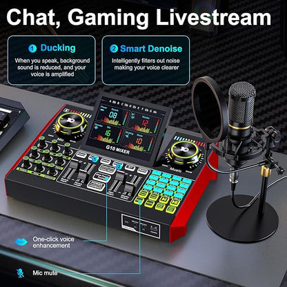Podcast Microphone Bundle with Live Sound Card Audio Mixer, Podcast Equipment Bundle with 3.5mm Condenser Microphone for Pc/Phone Live Streaming Singing Gaming, Sound Board with Voice Changer, Denoise