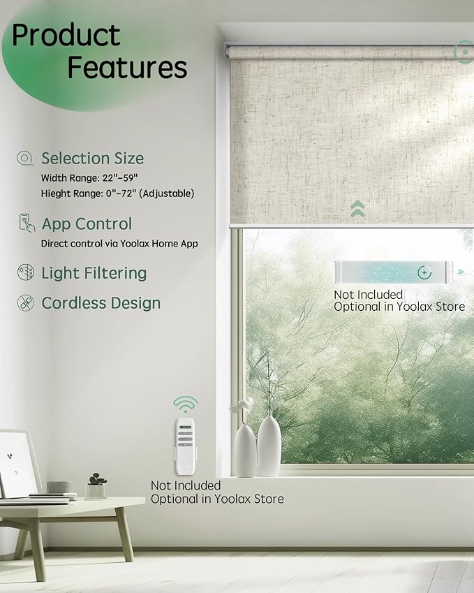 Yoolax Motorized Blinds App Control, Light Filtering Motorized Shades for Windows, Cordless Automatic Roller Shades for Bedroom Living Room Office(Light Filtering Linen Beige, 31" W x 72" H)