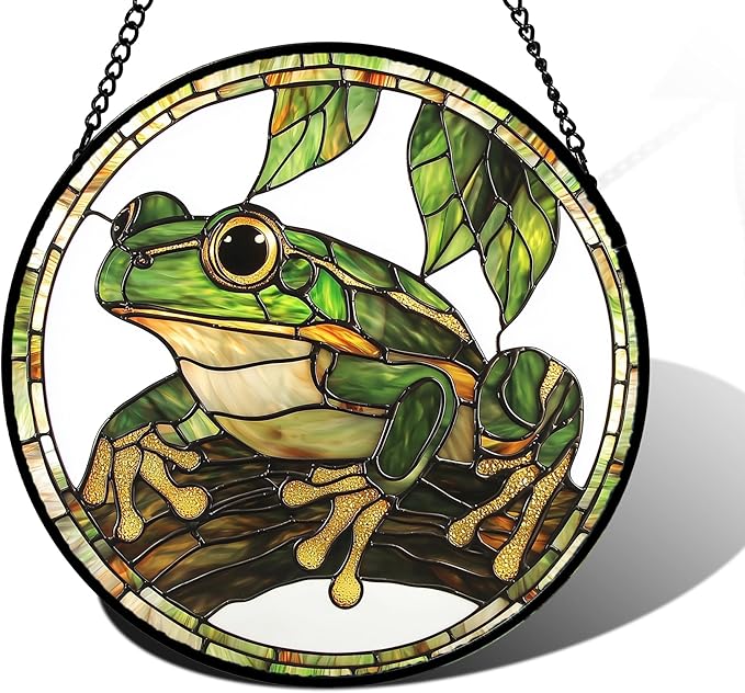 DASTOLL Stained Glass Window Hanging, Frog Green Leaf Sun Catchers Colorful Glass Panel Cool Suncatcher Decor for Birthday for Women, Men, Wife, Aunt, and Mom 9.8 in