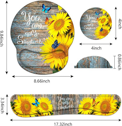 Keyboard Wrist Rest and Mouse Pad Wrist Support Set with Coasters, Ergonomic Gaming Mousepad for Home Office Working Studying Easy Typing & Pain Relief, Sunflower, You are My Sunshine