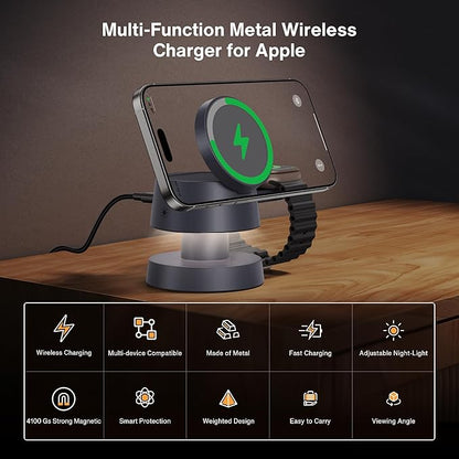 iVANKY 4 in 1 Wireless Charging Station with Night-Lamp for MagSafe Magnetic Charger Travel Stand, 3-in-1 Fast Charge for iPhone 17-11, for Apple iWatch, Airpods（Dual C-Port 100W Adapter Included