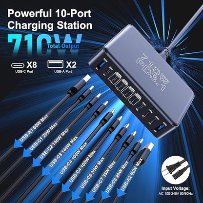 CHIPOFY 710W USB C Charger Block, 10 Port USB C Charging Station, Dual PD3.1 140W QC3.0 60W GaN Laptop Fast Wall Charger for MacBook Pro/Air, iPad, iPhone, Samsung Galaxy