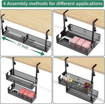 Multi-Model Under Desk Cable Management 2 Pack Metal Under Desk Wire Management Tray Clamp Mount Under Table Cord Management No Damage The Desk