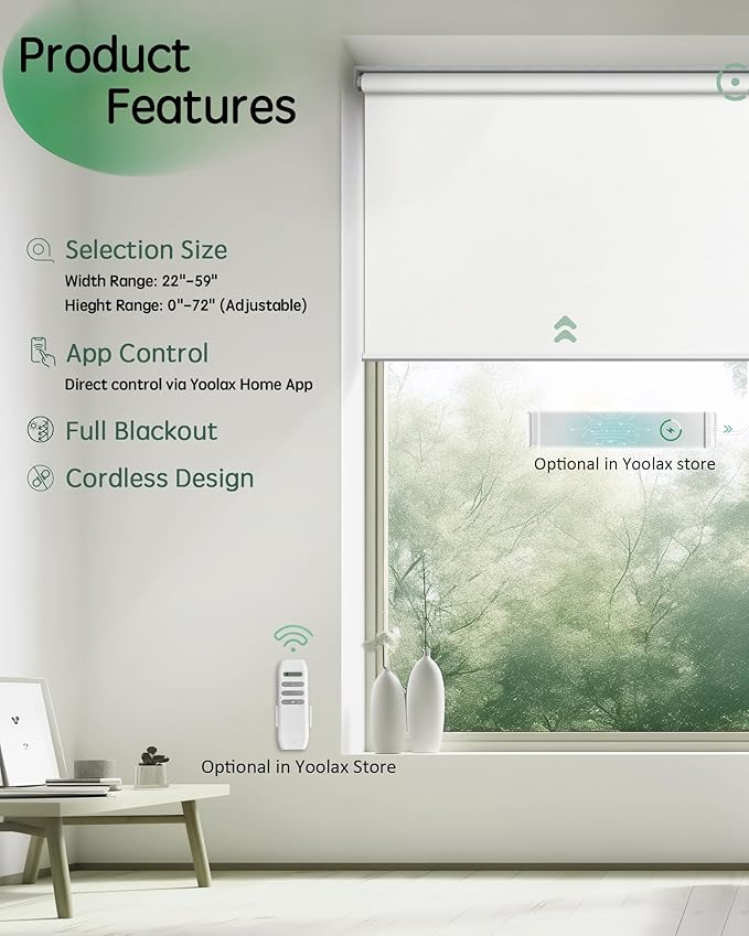 Yoolax Motorized Blinds App Control, Blackout Roller Shades for Windows, Cordless Automatic Shades Roller Window Blinds for Bedroom Living Room Office (Blackout Alpine White, 50" W x 72" H)
