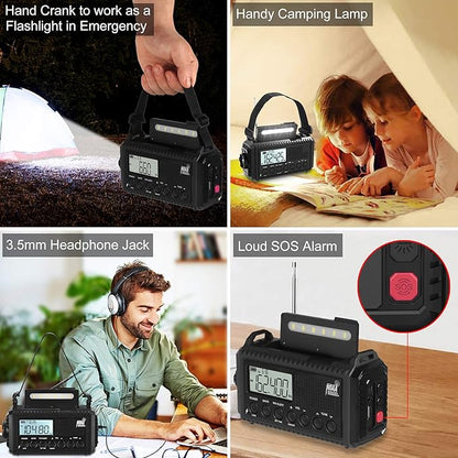 Auto NOAA Digital 5000 Weather Radio with Backlit LCD Screen, 5 Way Powered Solar Hand Crank Portable AM/FM/Shortwave Emergency Radio/Phone Charger,Read Lamp/Camping Flashlight,Earbud Jack,Clock,SOS
