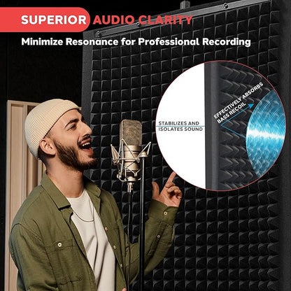 Pyle Microphone Isolation Panel with Height Adjustable Tripod Stand - High Density 2" Thick Foam Sound Dampening Wall - Foldable & Portable Mic Shield for Podcasts, Singing, Recording, Broadcasting