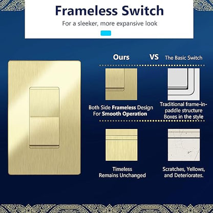 LIDER Brushed Gold Minimalist Design Decorator Switch with Screwless Wall Plate, Frameless Wall Light Switch, On/Off Rocker Switch, Single Pole, Residential Grade, 3 Wire, 15A 120-277VAC