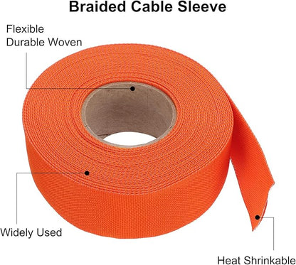 MECCANIXITY Braided Cable Sleeves Heat Shrinkable Fabric Sleeving, 1 1/4" 40ft Orange 2:1 Ratio Heat Shrinkable Cord Protector for Harness Cable, Network Cable Protection, Cable Management
