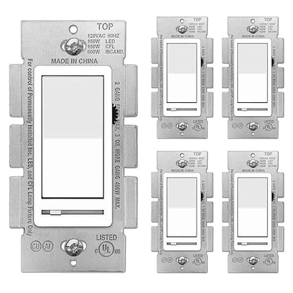 BESTTEN 5 Pack Dimmer Light Switch, Single Pole or 3-Way, Compatible with Dimmable LED, CFL, Incandescent and Halogen Bulb, LED Slide Dimmer Switch, Neutral Wire Not Required, 120VAC, UL Listed, White