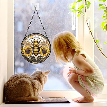 DASTOLL Stained Glass Window Hanging - Bee Sunflower Yellow Suncatcher Ready to Hang Window Doors Home Decoration and Christmas, Mother's Day Birthday Gifts for Women, Men, and Mom 6.3x6.3 in