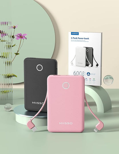 6000mah Ultra Slim Built in Cables Power Bank, Card Size Built in USB C Cords Battery Pack Portable Charger for Phones, 3 Output External Battery Pack Compatible with iPhone, 2-Pack Black & Pink