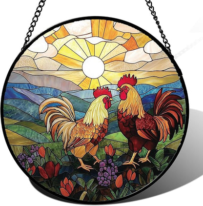 AMDERVEN Stained Glass Window Hanging, Countryside Scenery Chicken Sun Catcher for Door Home Decor Sunrise Suncatcher Christmas Mother's Day Birthday Gifts for Women Men Mom Nana 15 in