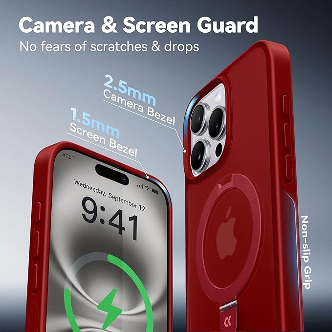 CASEKOO Designed for iPhone 16 Pro Case with Magnetic Invisible Stand [Military Drop Protection] [Compatible with MagSafe] Shockproof Slim Matte Translucent Case 6.3 Inch, Red