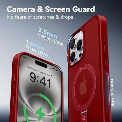 CASEKOO Designed for iPhone 16 Pro Case with Magnetic Invisible Stand [Military Drop Protection] [Compatible with MagSafe] Shockproof Slim Matte Translucent Case 6.3 Inch, Red