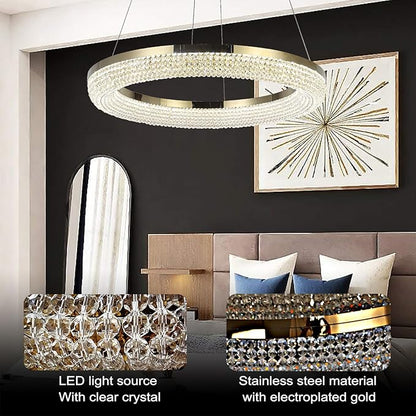 LYICYIU 23.6" Round Crysrtal Stainless Steel Pendant Lamp,3Color LED Dimmable Flush Mount Crystal Chandelier Light with Remote Control for Bedroom,Living Room, Island Entryway,Hallway Foyer (Hanging)