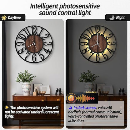 LEIKE Large Wall Clocks with Night Light Battery Operated,Silent Non Ticking,Rustic Modern Big Wood Clock for Living Room, Bedroom,Kitchen,Farmhouse,Office,Home Decor-24 Inch(Black-Arabic Number)