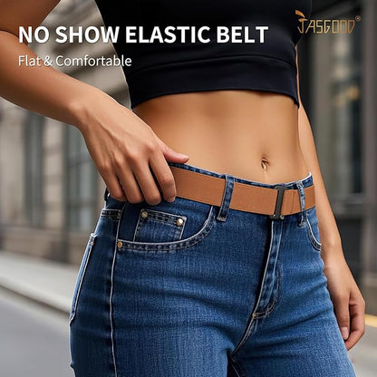 JASGOOD Women No Show Stretch Belt Elastic Web Strap Belt with Flat Buckle for Jeans Pants Dresses