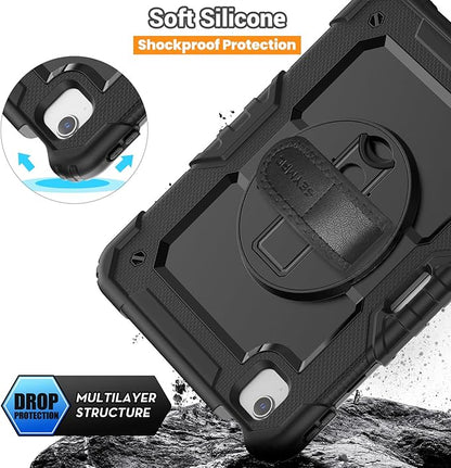 SEYMAC for iPad Air 5th/ 4th Generation Case 10.9 Inch, Full-Body Shockproof Protective Case with Screen Protector, Rotating Stand/Handle/Shoulder Strap/Pencil Holder for iPad Air 5/ Air 4, Black