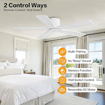 WINGBO 48" Flush Mount DC Ceiling Fans Without Lights, 5 Carved Solid Wood Blades, 6-Speed Reversible DC Motor, Low Profile Hugger Ceiling Fan No Lights for Living Room Bedroom Patio, Gloss White