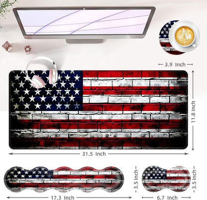 BFUKVOU Large Keyboard Mouse Pad Set, Extended Mouse Pad+Keyboard Wrist Rest Support, Memory Foam Ergonomic Easy Typing, 4Pcs (31.5×11.8 in) Desk Pad Set for Office Home,American Flag on Brick Wall