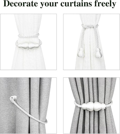 Nieffeiy Magnetic Curtain Tiebacks Outdoor Curtain Tie Backs Rope Decorative Magnetic Curtain Holders for Drapes Window Treatment Holdbacks, White 6Pack