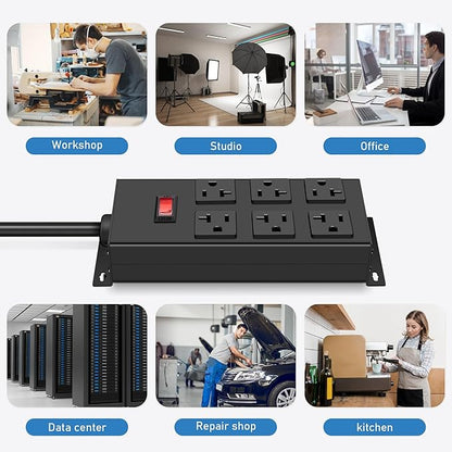 JUNNUJ Heavy Duty 20 Amp Power Strip, Garage 6 Outlets Metal 12 Gauge Surge Protector 3000J, High Amp 5-15P Adapter Shop 6-20R T-Slot Industrial (6AC, 15FT)