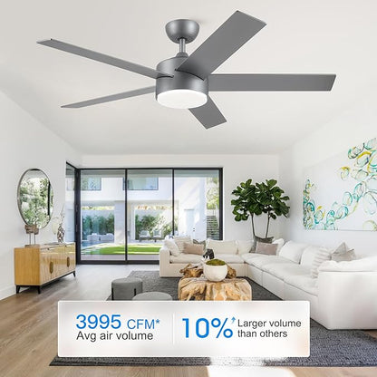 POCHFAN 52 inch Ceiling Fans with Lights and Remote Control Silver, Modern Ceiling Fan Dimmable 3 CCT Temperatures 6-Speed, Quiet LED Ceiling Fan for Bedroom, Living Room
