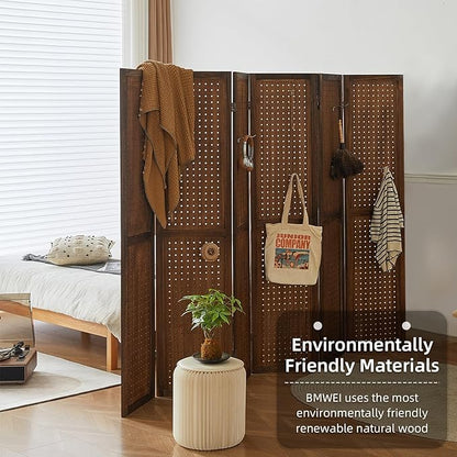 Asnefeli 6 Panel Pegboard Display with 24 Hooks, Wood Room Divider Wall, 5.6Ft Folding Privacy Screen Divider Room, Portable Freestanding Wall Organizer for Bedroom Reading Room(Dark Brown)