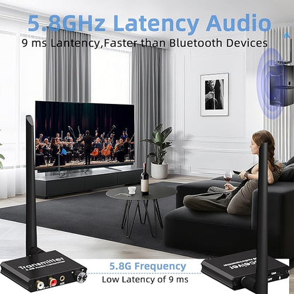 YEUGICEO 5.8GHz Wireless RCA AUX Audio Transmitter Receiver for TV Pojector,164Ft,9ms Latency, Volume Contral Knob, Used for TV Pojector to Activer Speaker Soundbar AMP