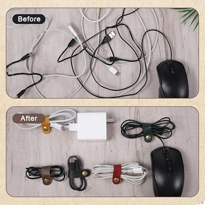 20 PCS PU Leather Cord Organizer, Multicolor Leather Cable Ties Portable Snap Cable Strap Charging Cables Cords Organizer Reusable Cord Keepers Multipurpose Winder for Men Women (5 Colors)