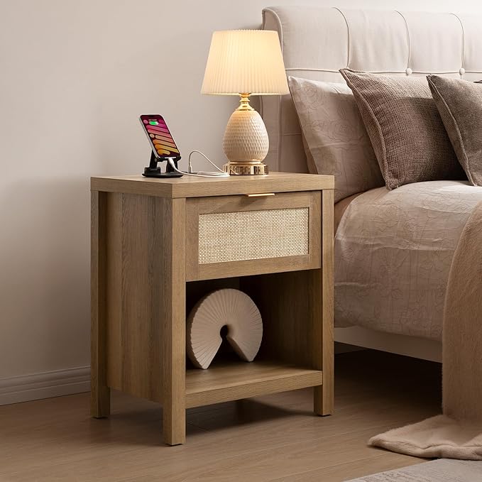 SICOTAS Nightstands Set of 2 with Charging Station Rattan Night Stand with Drawer Boho Bedside Table with USB and Type-C Ports Bed Side Tables for Bedroom Small Space, Oak