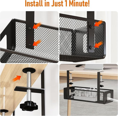DELAMU Under Desk Cable Management Tray - Cable Management Tray No Drill with F-Clamp Design, Metal Mesh Cord Organizer, Sturdy Wire Organizers for Cords for Home Office Standing Desk, Black