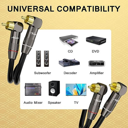 Right Angle RCA Cable 30 FT, 90 Degree 2RCA to 2RCA Stereo Audio Cable, Zinc Alloy Shell, Gold-Plated Plug, 2 RCA Audio Cord, for Home Theater, Subwoofer, HDTV, Amplifier, Hi-Fi System, Car, Speaker
