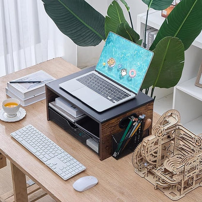 Xmoddes Printer Stand,Desktop Printer Stand with 2-Tier Storage Shelves for Home Office，Desk Organizer with Drawer and 2 Pen Holders for Fax Machine Scanner Files