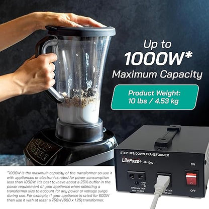 LiteFuze 1000W Step-Up/Step-Down Transformer with Dual Sockets - Premium Copper Coil, Noise Reduction, and Circuit Breaker Protection (JP-1000)