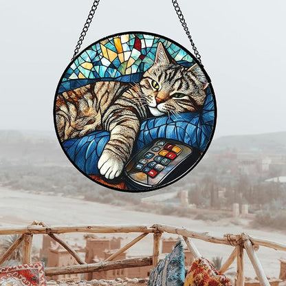 DASTOLL Stained Glass Window Hanging Gray Cat and Remote Control Large 11.8" - Suncatcher Door Garden Kitchen Sun Catcher Home Decor Birthday for Lost Pets Mom Men Woman Friend Grandma