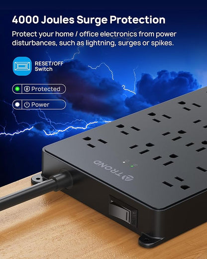 TROND Surge Protector Power Strip, 22 Widely Spaced Outlets with USB Ports, Wall Mount, 4000 Joules, ETL Listed, 15 ft Flat Plug Heavy Duty Extension Cord for Home, Office, Dorm Essential, Black