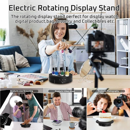 JAYEGT 3in 1 Motorized Rotating Display Stand with 5.74/7.08/8.66 inch Replacement Cover，Max 22lbs Load, 360 Electronic Turntable for Photography Products (3 in1 / White/with Remote Controller)