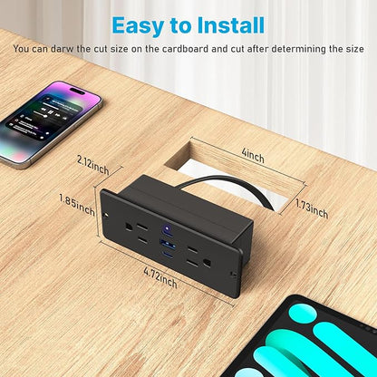 CCCEI Recessed Power Strip with Outlet and 65W USB C Ports, Furniture Flush Mount Power Strip, Small Desk Hidden Outlet for Conference Table, Nightstand, Black, 10FT.